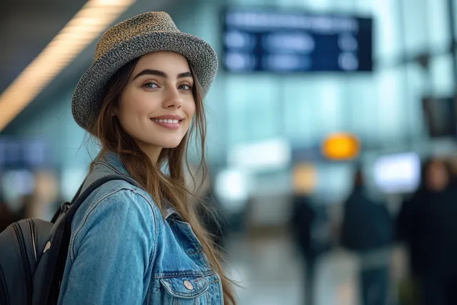 Young woman in a denim jacket and hat smiles while using a smartphone in a blurred airport terminal.