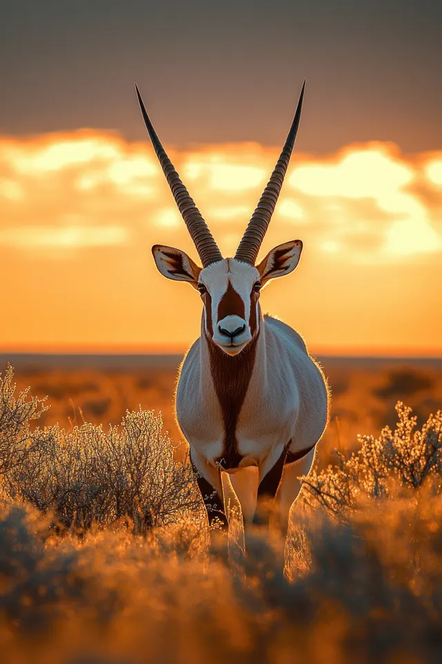 A lone oryx stands in golden grassland with long curved horns against a glowing sunset sky.