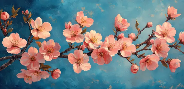 Cherry blossom branches with pink flowers bloom in soft golden sunlight against a blue sky.
