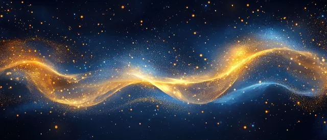 A golden wave of glowing light particles ripples through a dark blue starry space background.