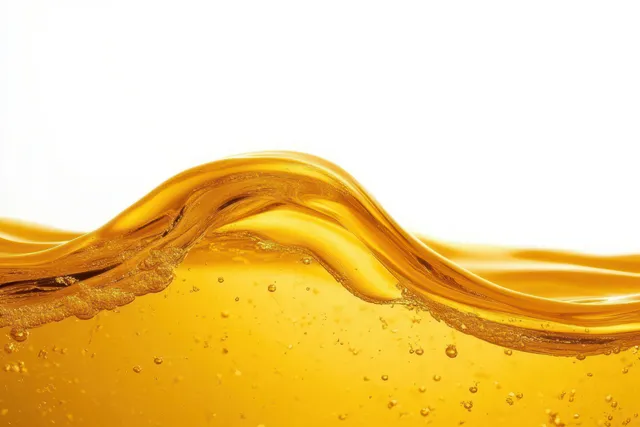 Golden liquid wave with suspended bubbles and glossy highlights cresting against a white background.