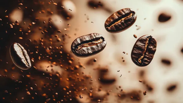 Roasted coffee beans float above scattered grounds against a softly blurred brown and cream background.