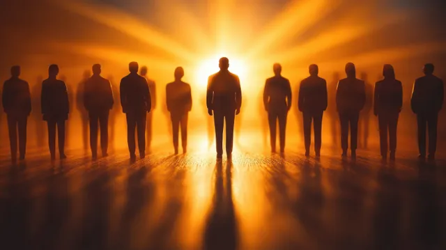 Una silueta solitaria de pie está iluminada a contraluz por una radiante luz dorada mientras las figuras circundantes se desvanecen en una cálida bruma sombría.