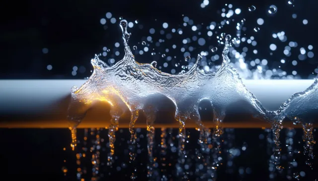 A burst pipe sprays water droplets in a dark scene with bright splash highlights.