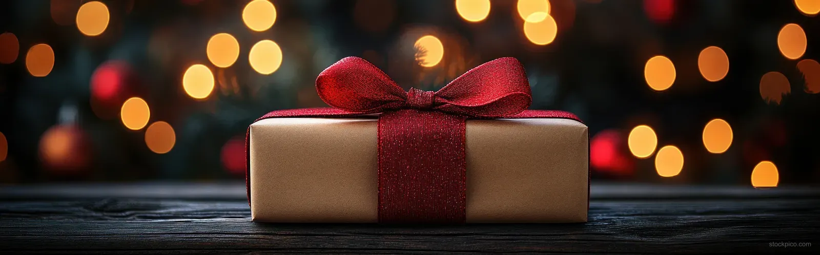 Wrapped Christmas gift box with red bow on rustic wood surrounded by warm glowing bokeh lights.