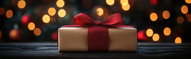 Christmas gift box with red bow and gold stars on rustic wood with glowing bokeh lights