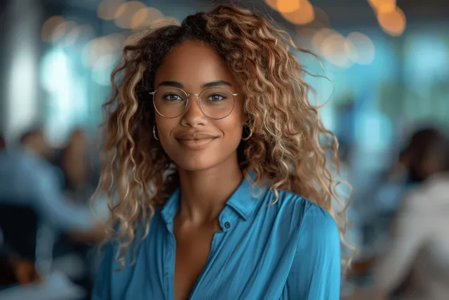 Curly-haired businesswoman in a blue blouse speaking in an office meeting while holding a digital tablet.