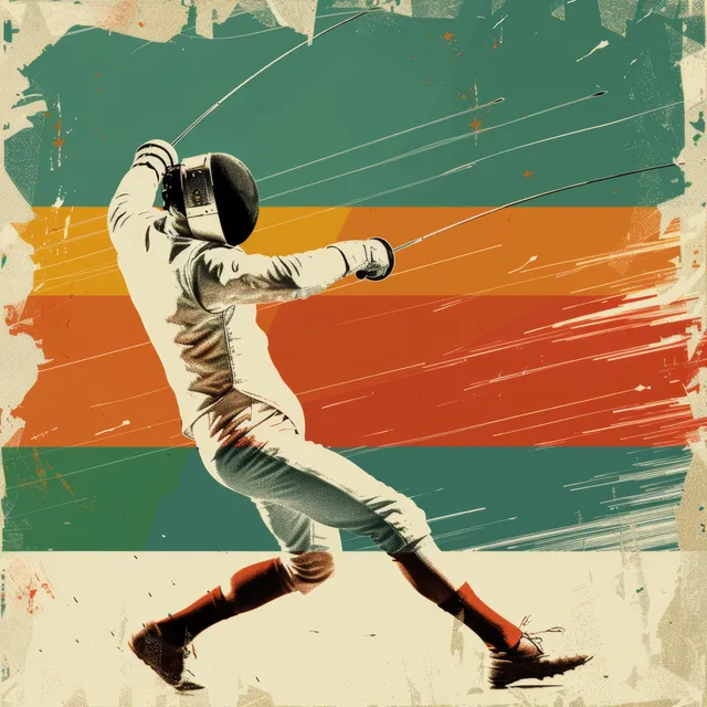 An Italian fencer lunges forward against green white and red geometric brush-stroke background with sword motion lines.
