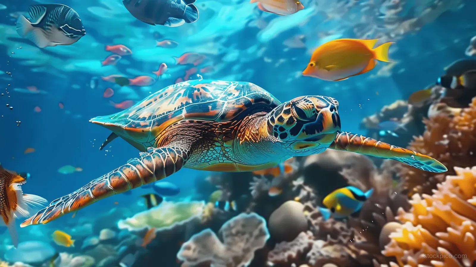 A sea turtle swims over coral while small fish circle through clear blue water.