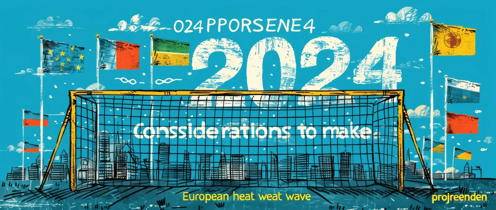 Event poster graphic of a soccer goal net with flags and large 2024 text about a European heat wave.