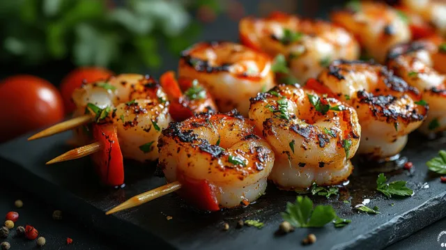 Grilled shrimp skewers with peppers and herbs on a dark slate skillet outdoors