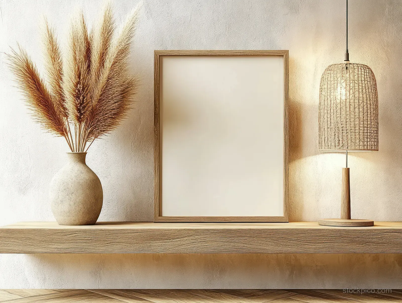 Wooden empty frame on a light shelf beside a beige vase of pampas grass under warm pendant lamp light.