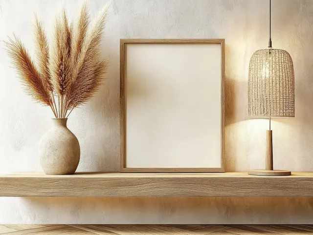 Wooden empty frame on a light shelf beside a beige vase of pampas grass under warm pendant lamp light.