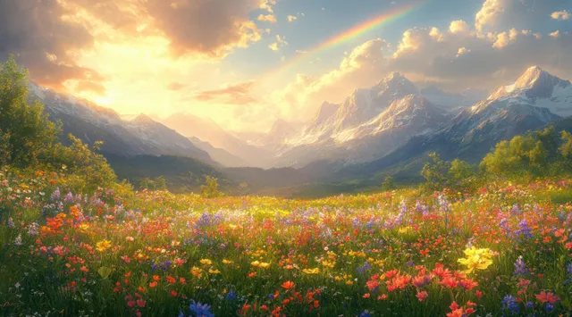 Rainbow over a mountain valley with a vibrant wildflower meadow under glowing dramatic clouds.