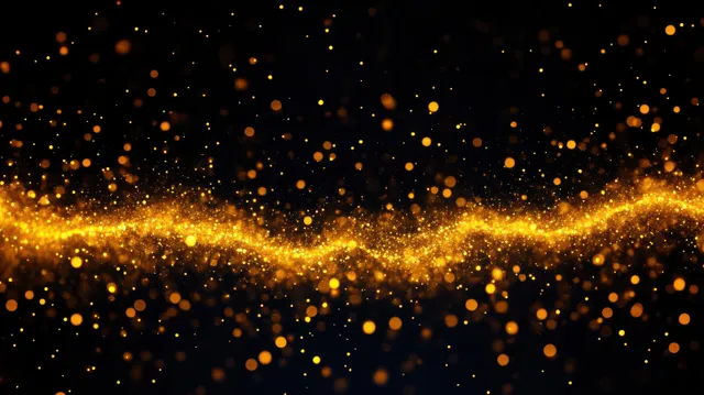 A shimmering golden wave of sparkling particles glows against a dark background, creating a magical, festive atmosphere.