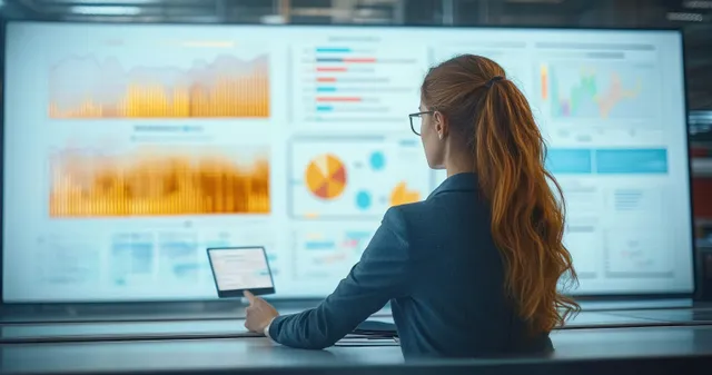 A businesswoman in a monitoring room points at analytics dashboards displayed on a large screen during a team presentation.