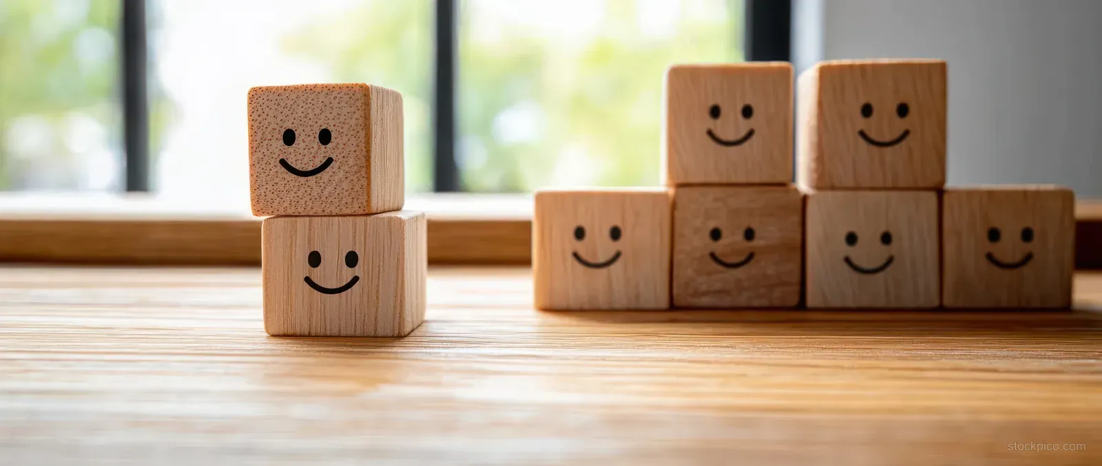Smiling wooden cubes stacked on a desk imply customer satisfaction progress in a survey concept.