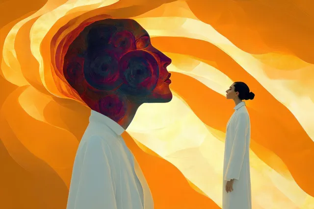 Woman in white robe gazes at a surreal head profile, swirling orange waves