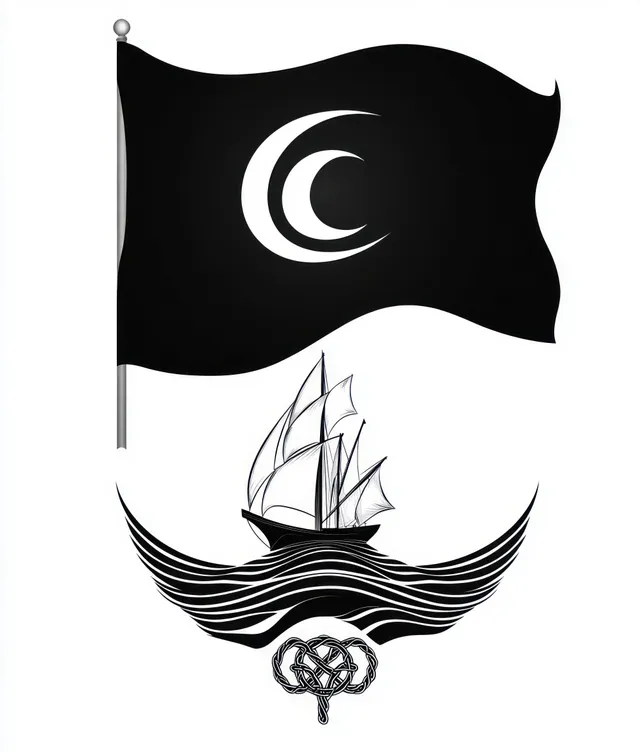 A black flag with crescent symbols waves above a sailing ship on wavy water, with a knotted rope below.