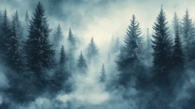 Watercolor pine trees stand in snowy winter fog, with a blue misty horizon fading into the distance.