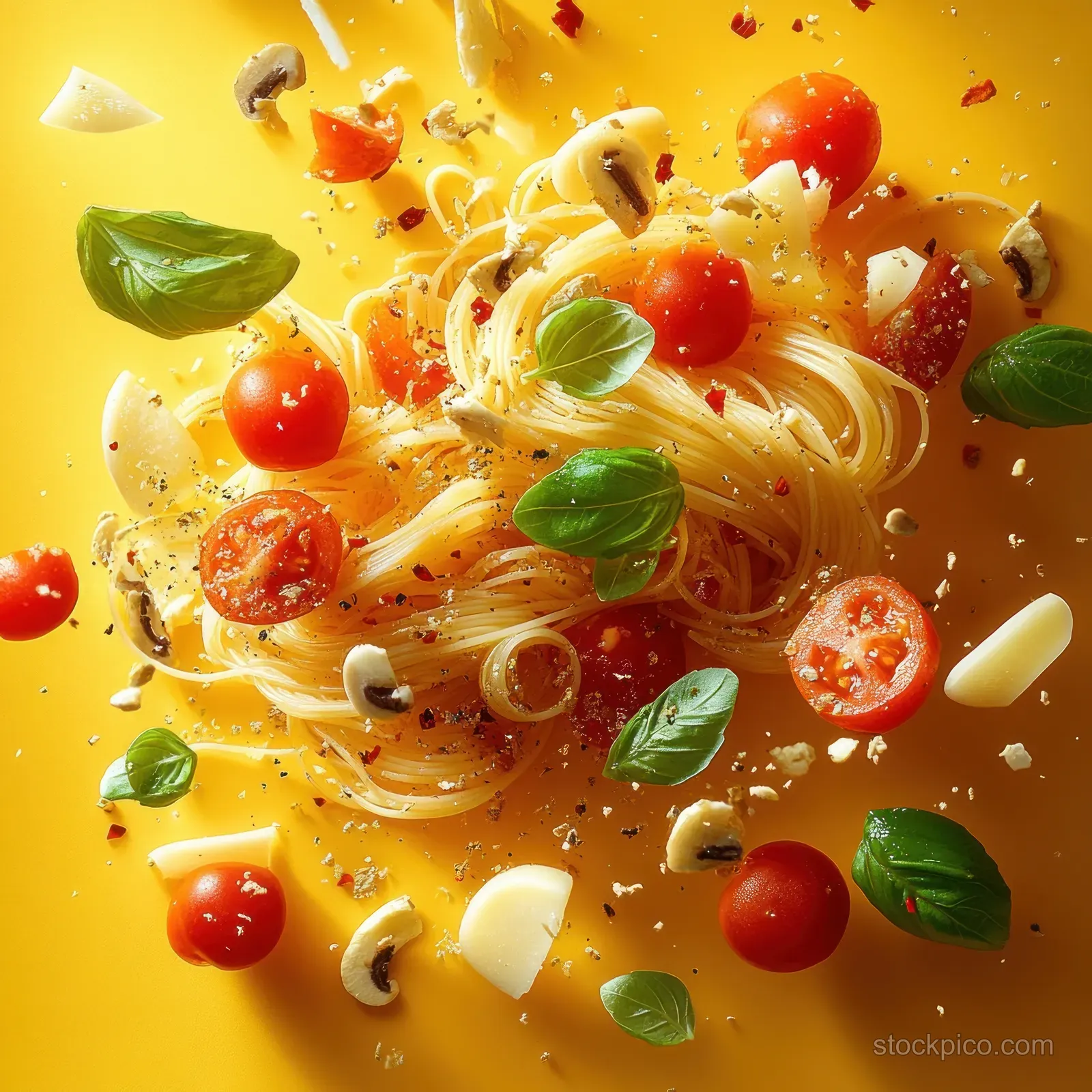 Fresh spaghetti with cherry tomatoes, basil, mushrooms, cheese, and garlic scattered on a vibrant yellow background.