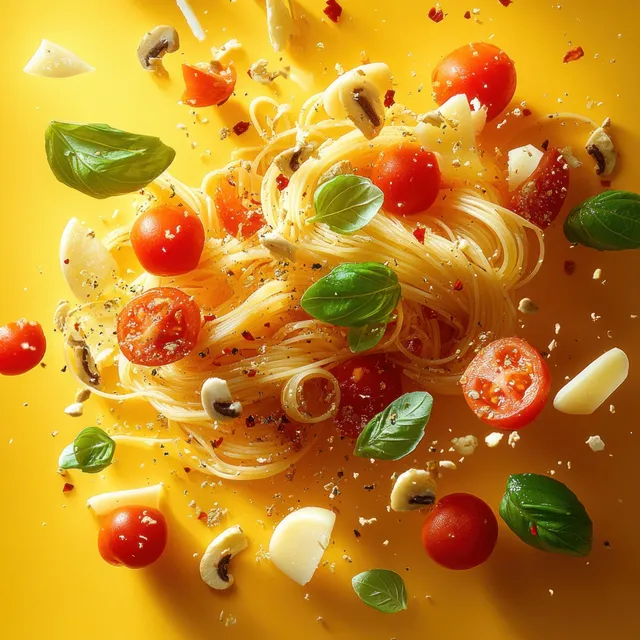 Fresh spaghetti with cherry tomatoes, basil, mushrooms, cheese, and garlic scattered on a vibrant yellow background.