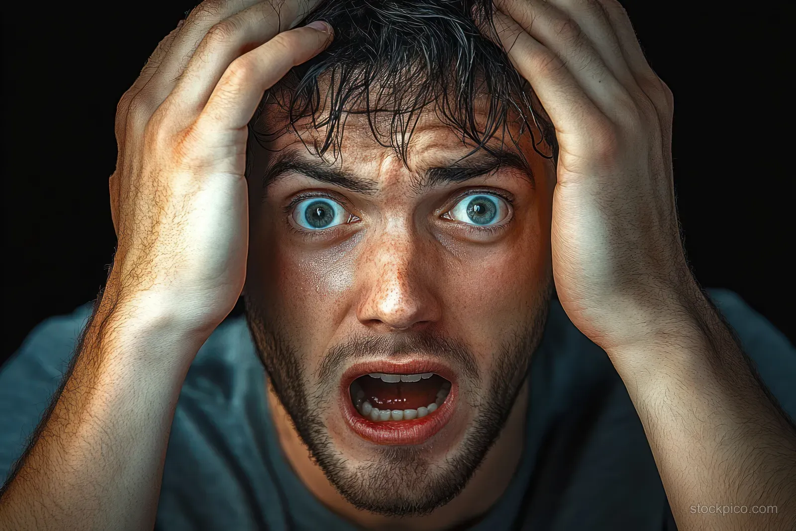 Young man grips his head with both hands, showing fear and anxiety in a close-up portrait.