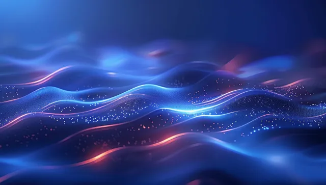 Neon wavefront abstract technology background with glowing lines across a dark digital space