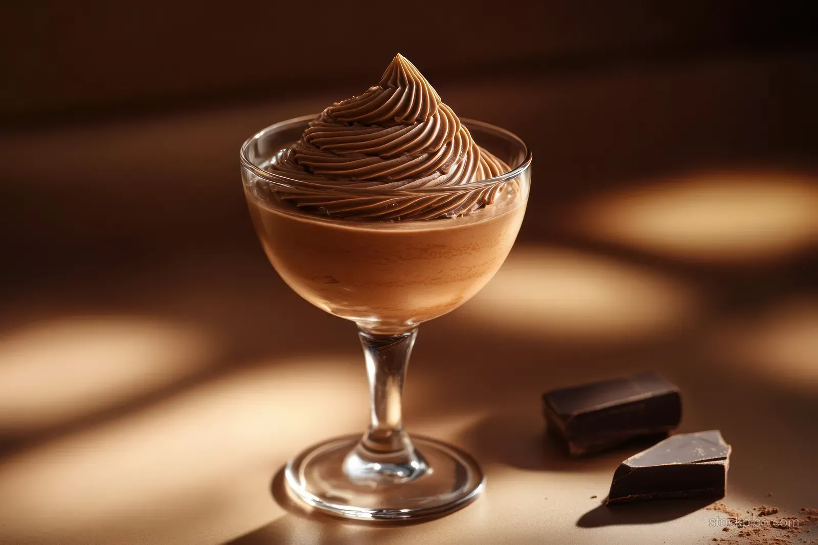 Chocolate mousse in a glass with dark chocolate shards on a warm brown background under soft lighting.