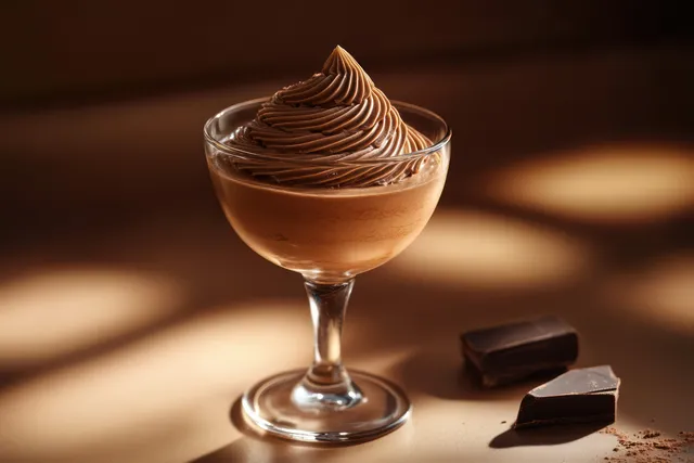 Chocolate mousse in a glass with dark chocolate shards on a warm brown background under soft lighting.
