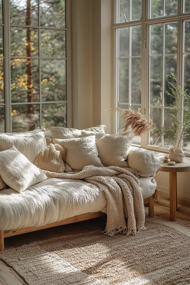 A fluffy cat lounges on a sunlit sofa in a minimalist Scandinavian living room beside large windows.