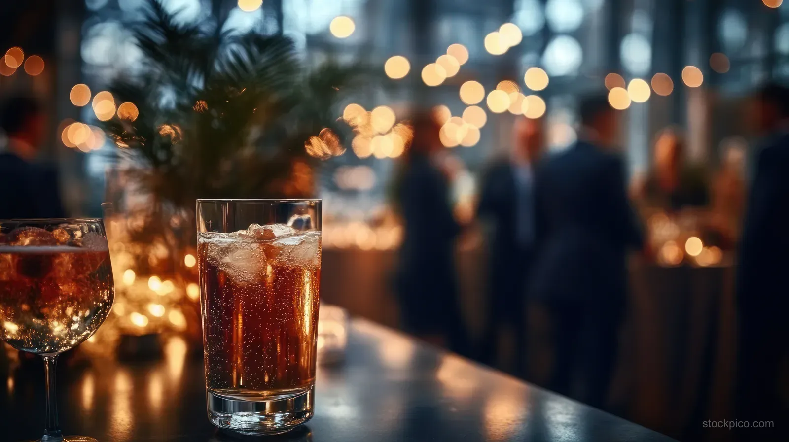 A glass of sparkling drink sits on a banquet table while blurred guests in formal attire mingle behind warm bokeh lights.