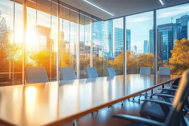 Empty boardroom with panoramic windows showing city skyline and warm sunset light across a long conference table.