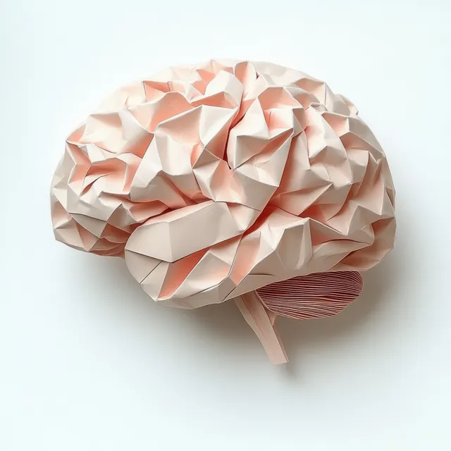 Folded paper brain sculpture with layered creases and a textured stem on a plain white background.