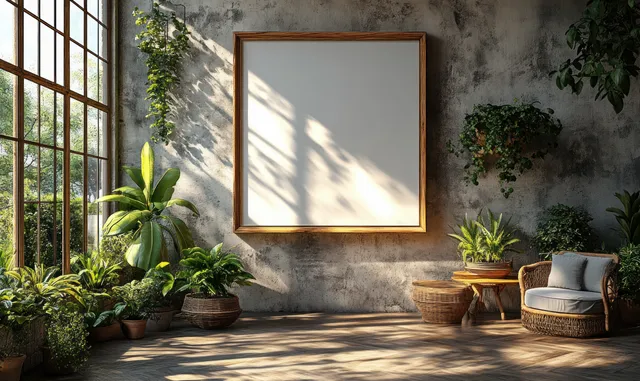 Minimal horizontal wooden canvas frame hangs on a sunlit concrete wall with potted plants in an indoor setting.