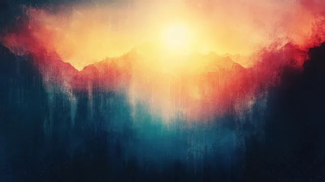 Glowing sunset over misty abstract hills with faded vintage gradient and smoky light effects
