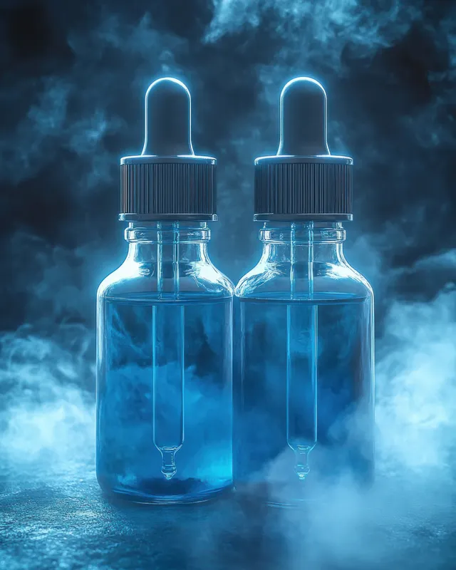 Two transparent dropper bottles of blue liquid glow in cool blue light amid floating mist.