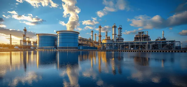 Hydrogen energy plant with large steel tanks, connected pipes, and a steam plume above reflective water.