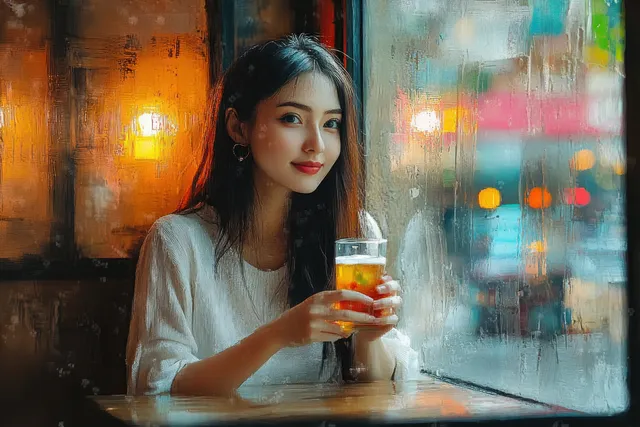 A smiling woman holds a glass of tea while sitting by a sunlit cafe window.