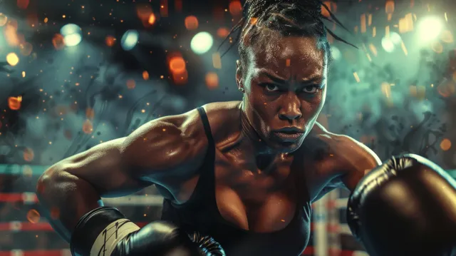Fierce female welterweight boxer throws a punch inside an electric arena ring