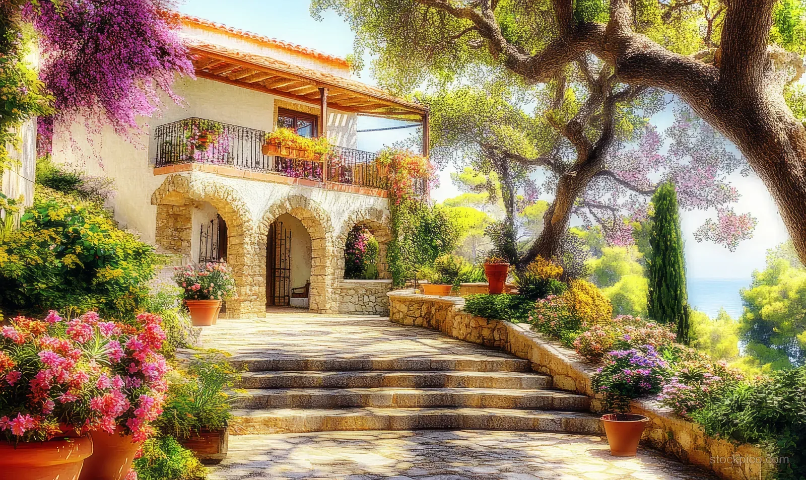 Sunlit stone pathway leads past blooming flowerbeds toward a rustic Mediterranean villa with terracotta balcony.