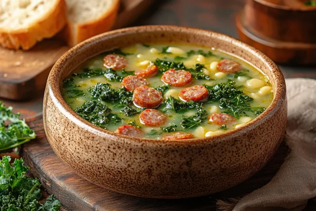 A bowl of kale and white bean soup with sliced sausage on a rustic board beside bread slices.