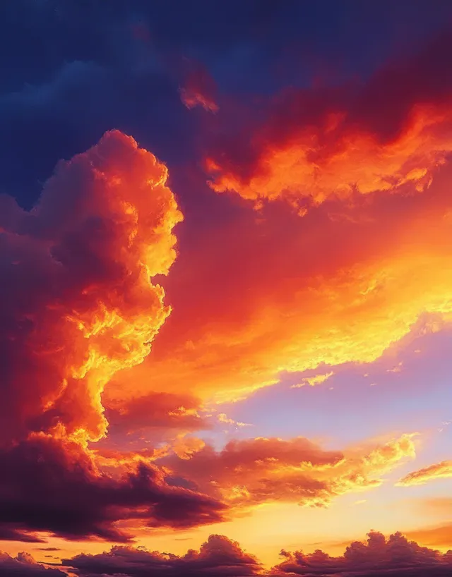 Dramatic sunset clouds glow orange, yellow, and purple over deep blue evening sky