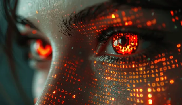 Cyberpunk AI face with red glowing eyes, surrounded by glowing binary code with Digital Threat Concept