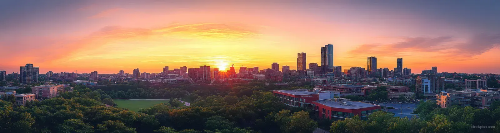 Omaha skyline at sunset with glowing horizon, modern highrises, and park trees below.
