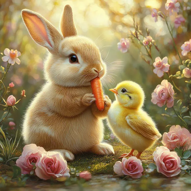 A baby bunny holding a carrot beside a yellow chick surrounded by blooming pink roses in soft sunlight.