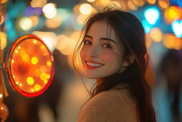 Smiling woman holds a red mirror in warm winter holiday market lights outside at night.