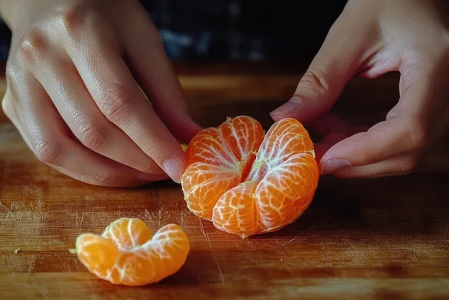 Hands peeling fresh tangerine in rustic kitchen, orange segments on wooden cutting board