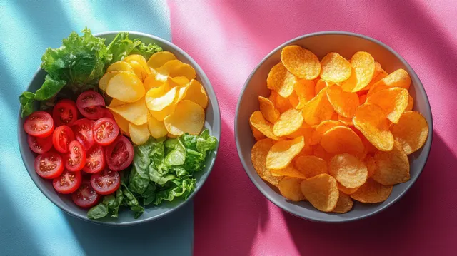 Healthy vegetable salad compared with orange potato chips on contrasting lunch plates