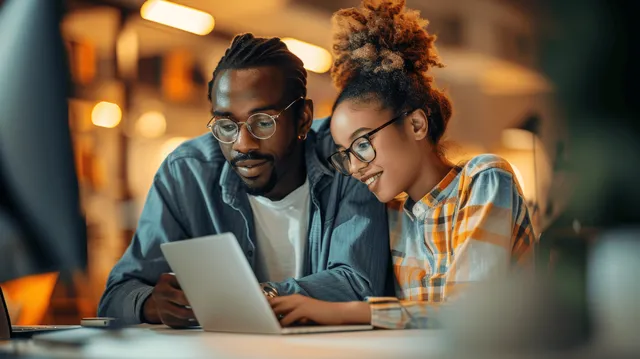 Two diverse coworkers lean over a laptop in an office, discussing content on the screen while pointing together.